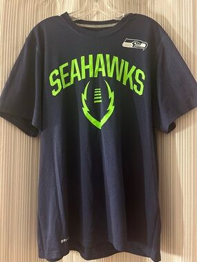 Nike Seattle Seahawks Navy Blue Tee with Neon Green Logo